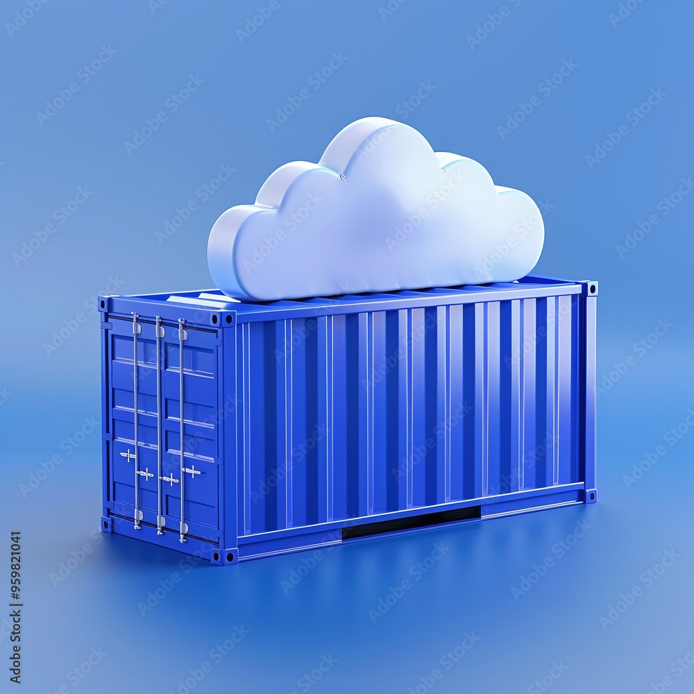Poster blue shipping container with a white cloud on top against a blue background, symbolizing cloud compu