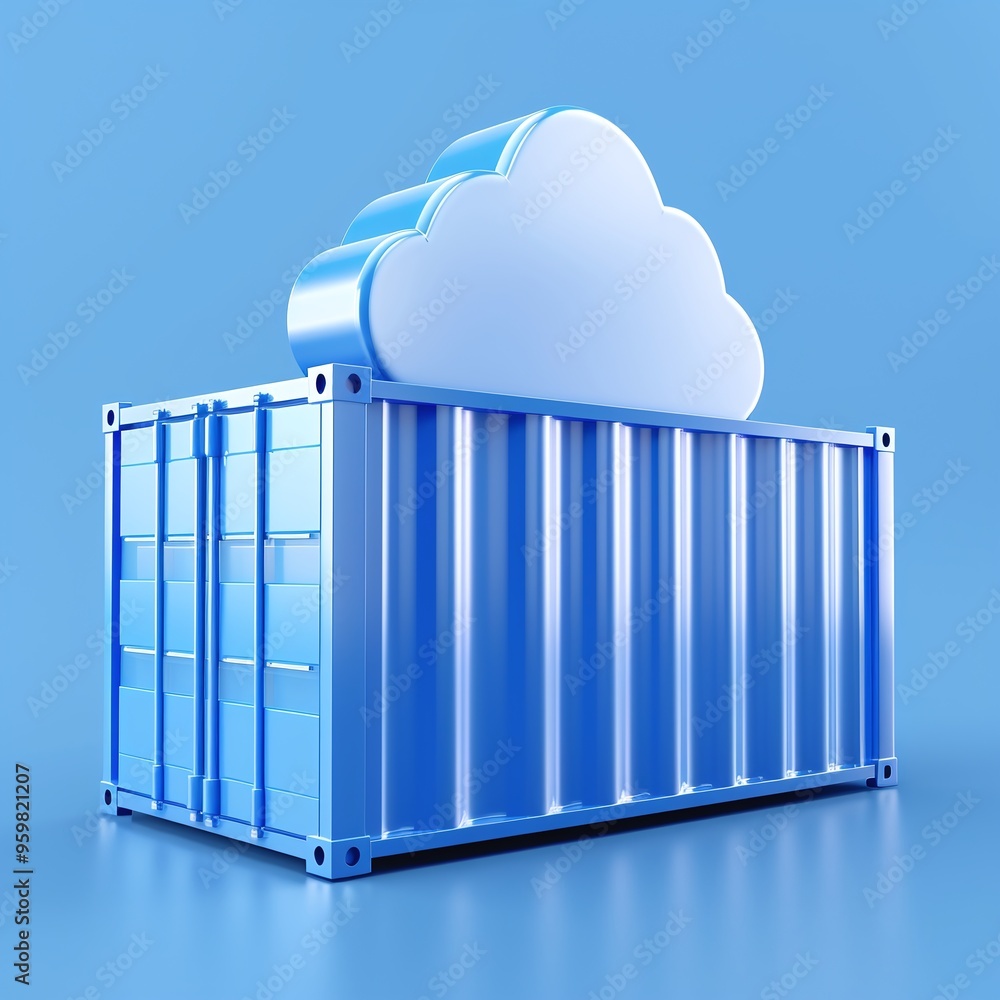 Poster blue shipping container with cloud icon over it representing cloud storage and containerization in a