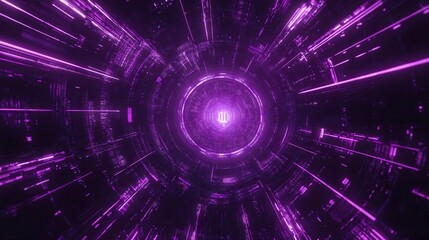 Obraz premium Purple neon light streaks radiating from the center on a dark background, evoking themes of technology, big data, and bots. generative ai