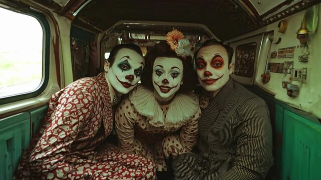 Three clowns from different eras posing in a vintage photo booth, wearing costumes with polka dots, pinstripes, and glitter, creating a surreal, playful scene with an eerie undertone