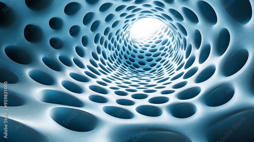 Aufkleber an abstract view of a futuristic tunnel filled with rounded openings, illuminated by bright light at