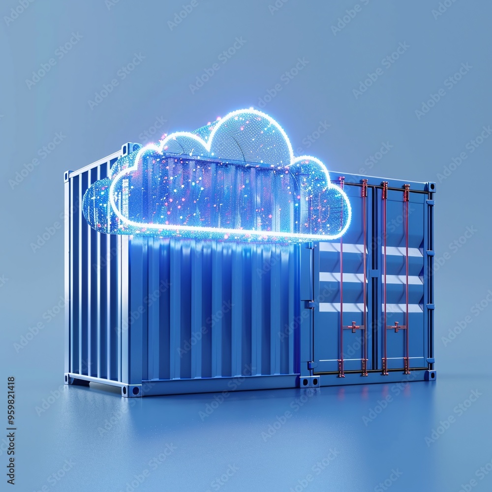 Poster cloud computing concept with a glowing neon cloud and container on a blue reflective background.