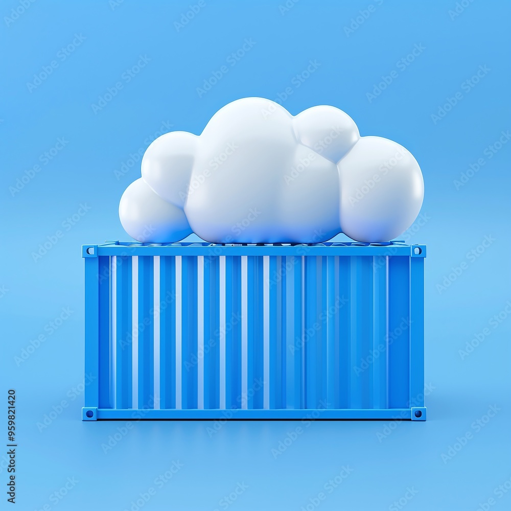 Poster cloud computing concept with cloud and shipping container on blue background symbolizing storage and