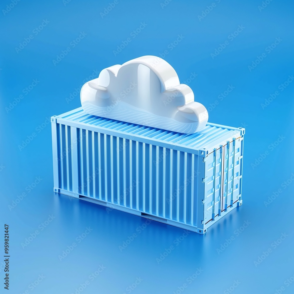 Aufkleber cloud storage concept with a white cloud resting on a blue shipping container, symbolizing data stor