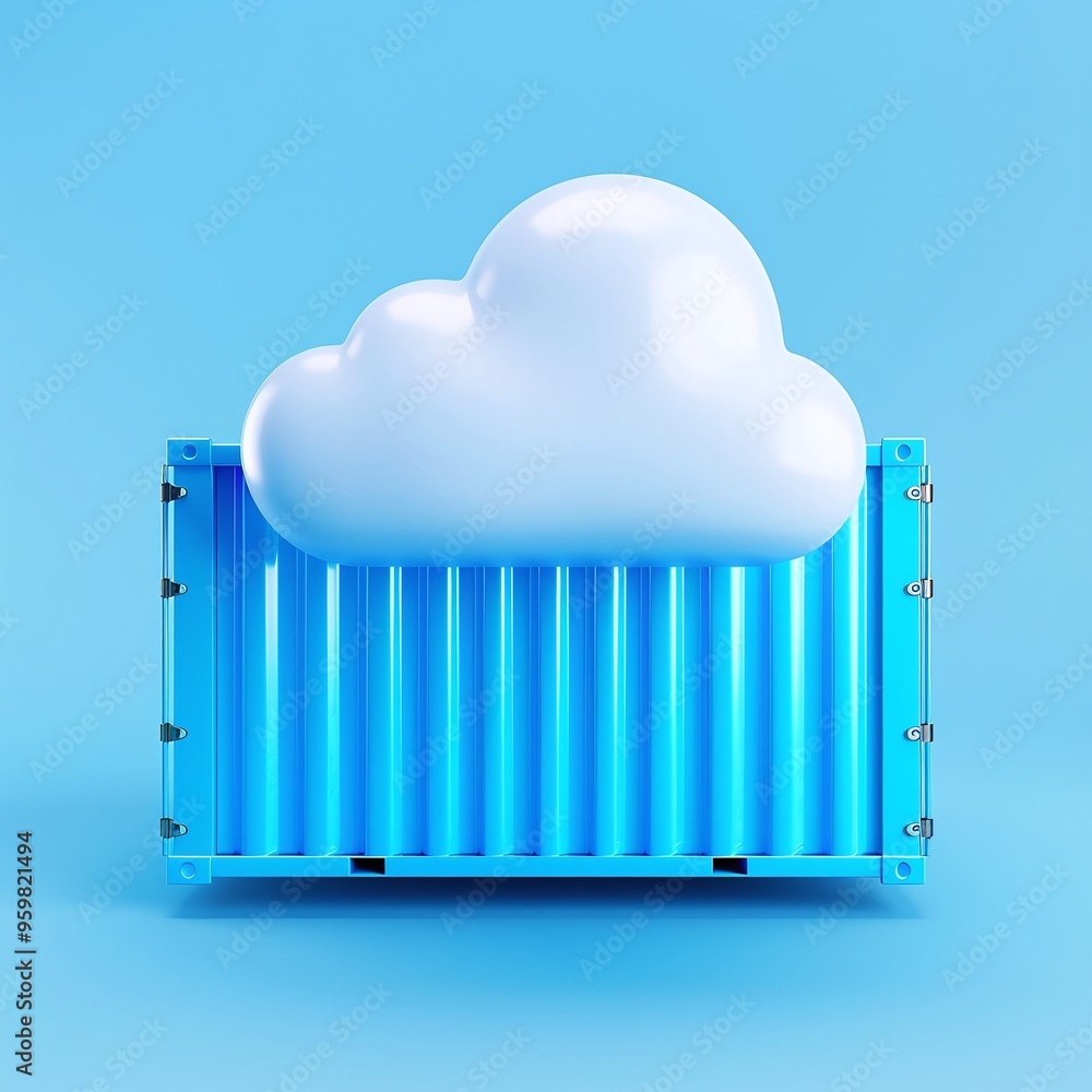 Poster cloud technology concept with a large white cloud on a blue shipping container, symbolizing cloud st