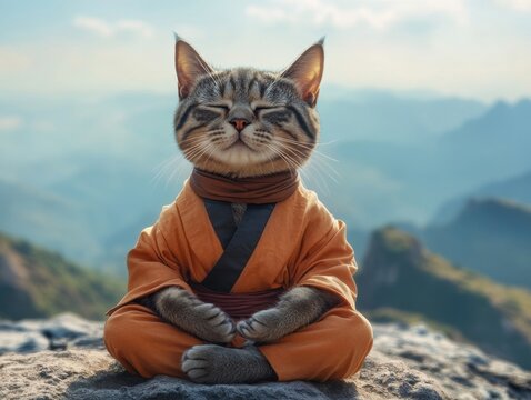 A cat dressed as a monk meditates serenely on a mountain top, capturing a blend of peace and humor against a stunning natural backdrop.