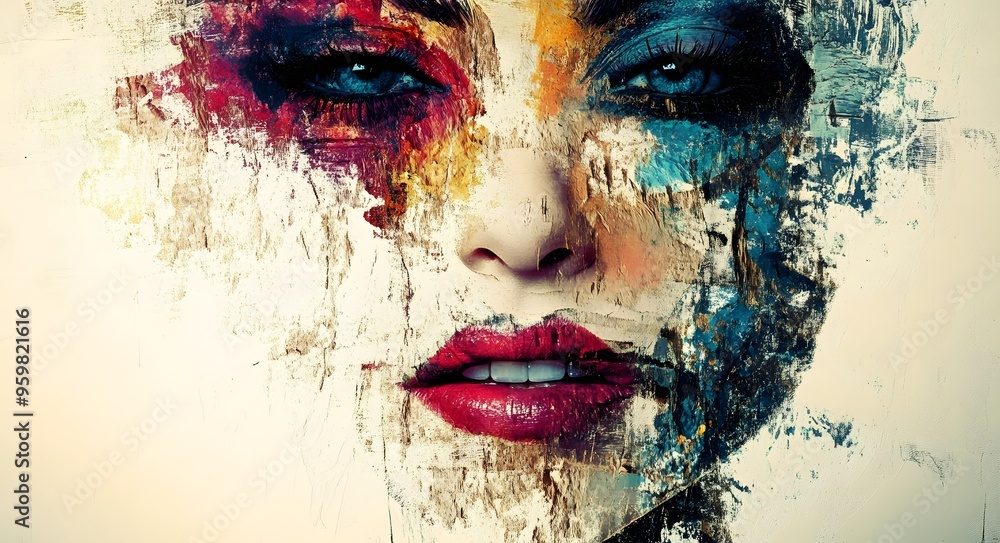Poster 49. **abstract face art with deconstructed elements and layered textures**
