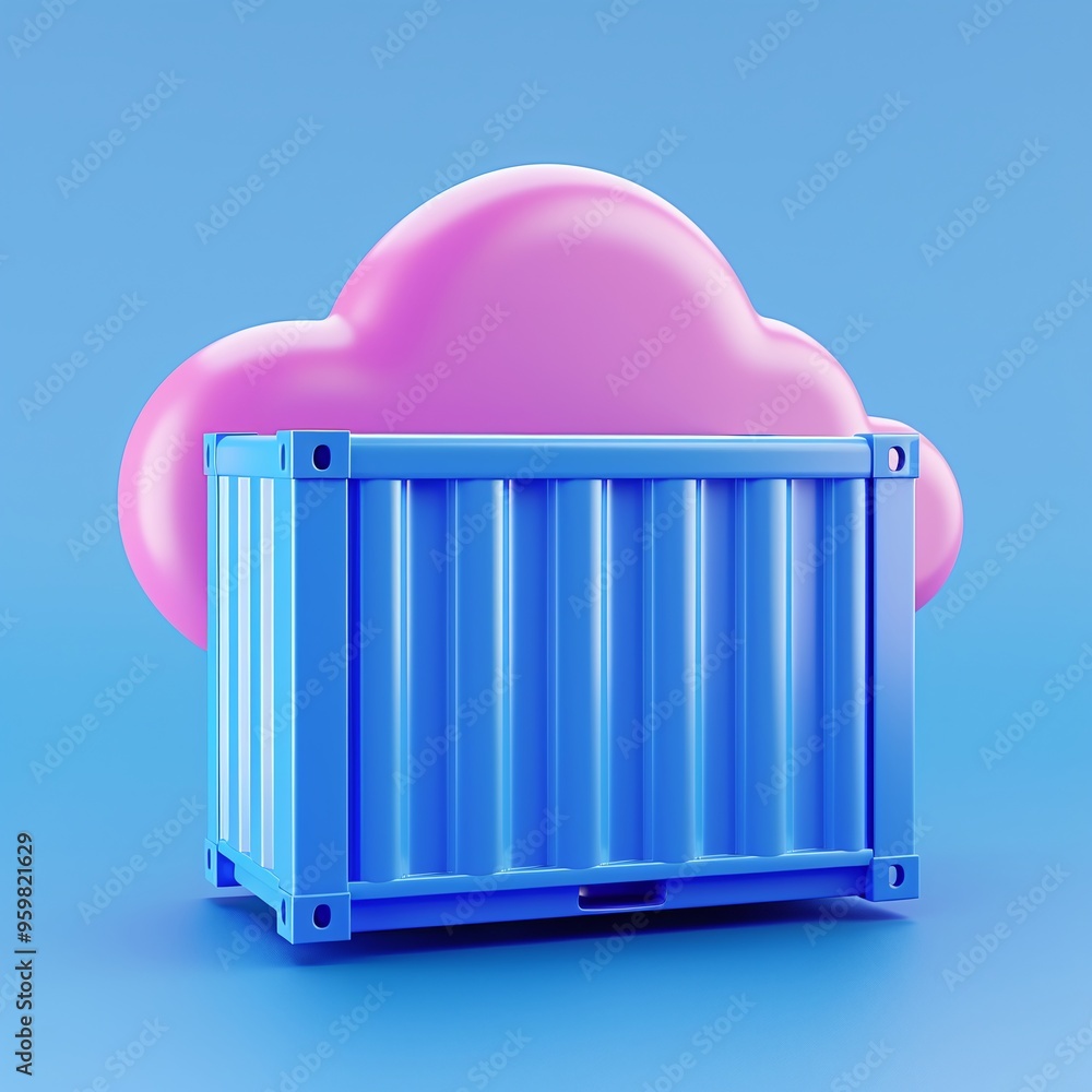 Poster colorful conceptual image of a cloud and container symbolizing cloud storage and technology with a v