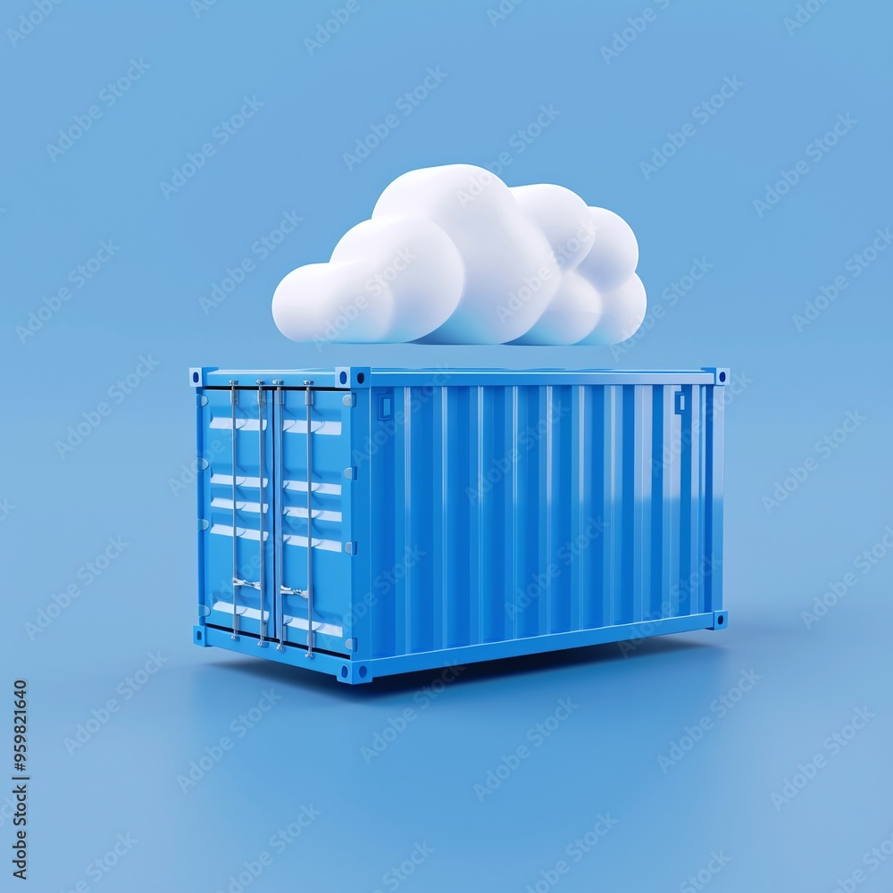 Poster conceptual image of a blue shipping container with a cloud symbolizing cloud computing and data stor