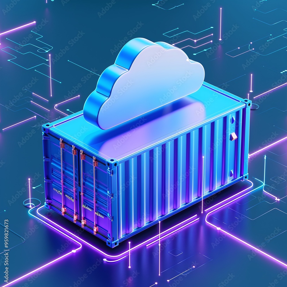Poster conceptual image of a cloud computing container surrounded by neon lights, representing modern techn