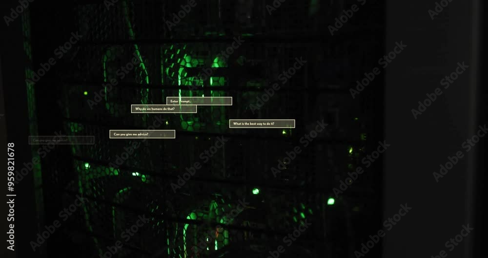 Poster text animation over green-lit server racks with various questions displayed