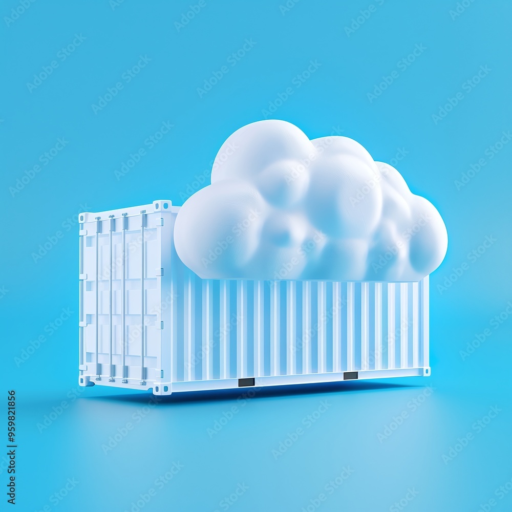 Poster creative cloud container concept with fluffy cloud inside shipping container, representing cloud sto