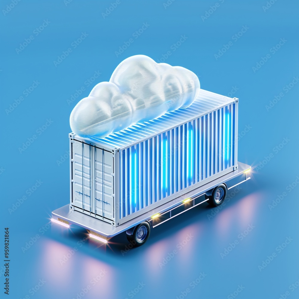 Poster creative concept showing cloud computing represented by a shipping container with a cloud icon on a 