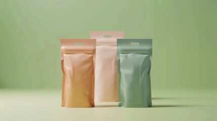 A minimalist arrangement of three stand-up pouches in soft pastel colors against a light green background, embodying simple and modern packaging design.