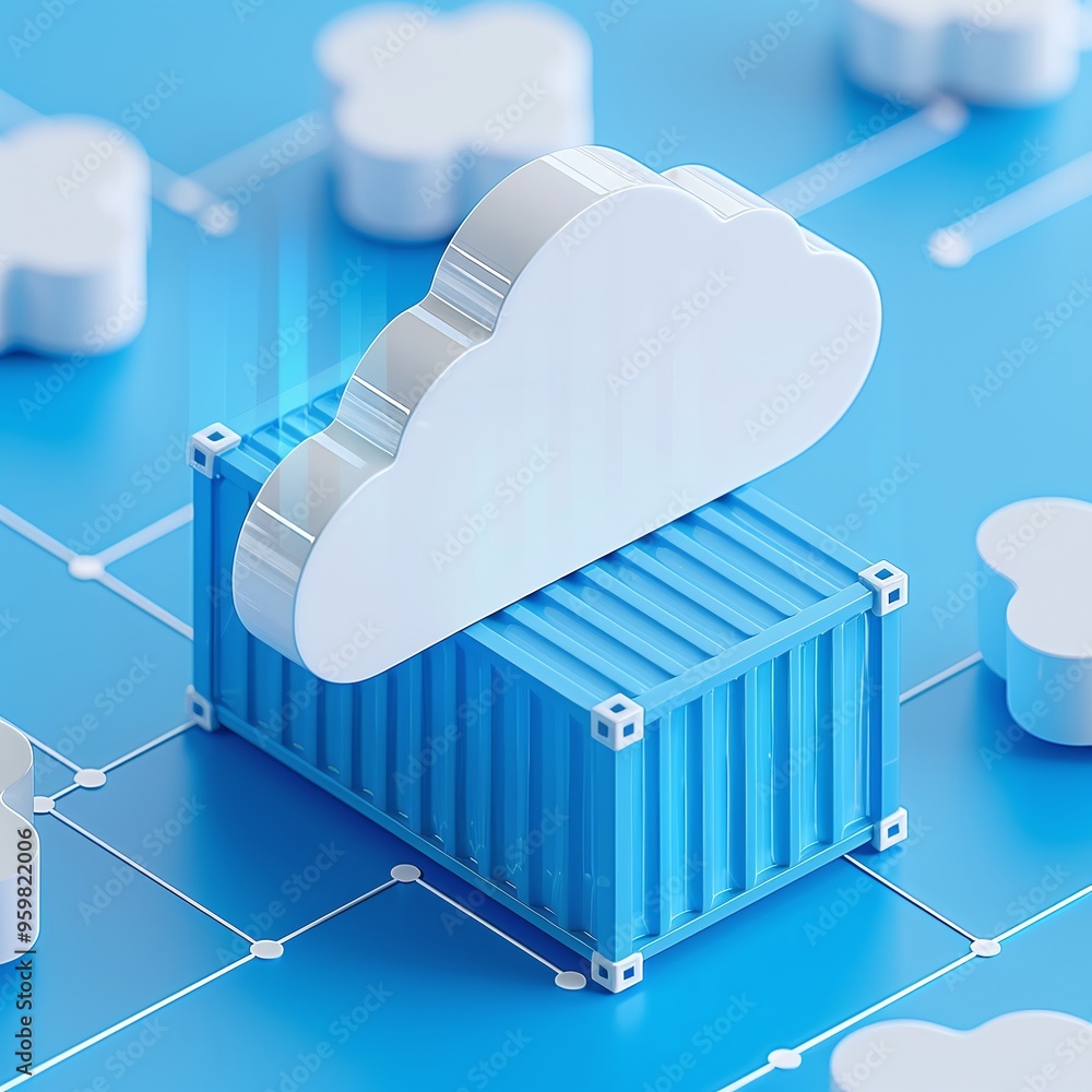 Poster digital cloud computing concept with container on blue background, symbolizing data storage, network