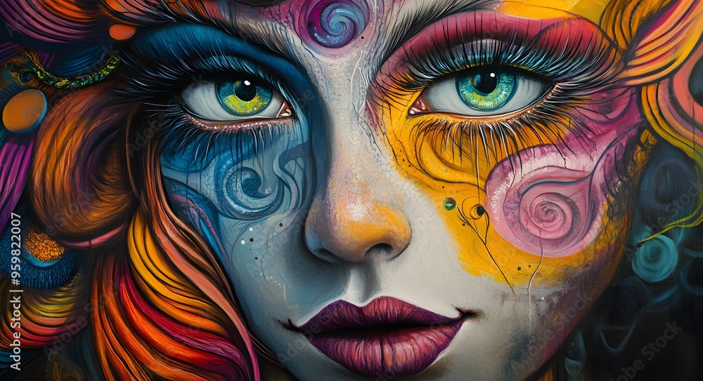 Wall mural 50. **Whimsical face portrait with imaginative, playful styles and bright, vivid colors**