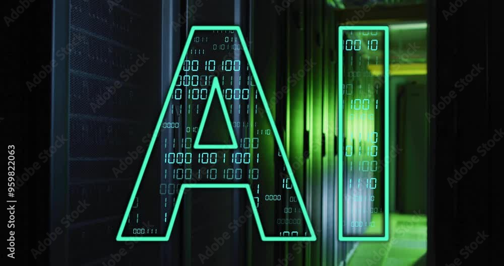 Poster AI text animation over binary code and server racks
