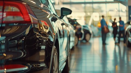 A sleek lineup of shiny cars in a modern showroom, with salespeople interacting in the background under the softened glow of natural light.