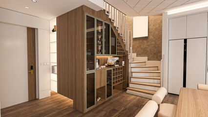 room with wooden door, room with wooden floor, room with wooden doors, under-stairs library, shelf design, library in the house, shelf in the house