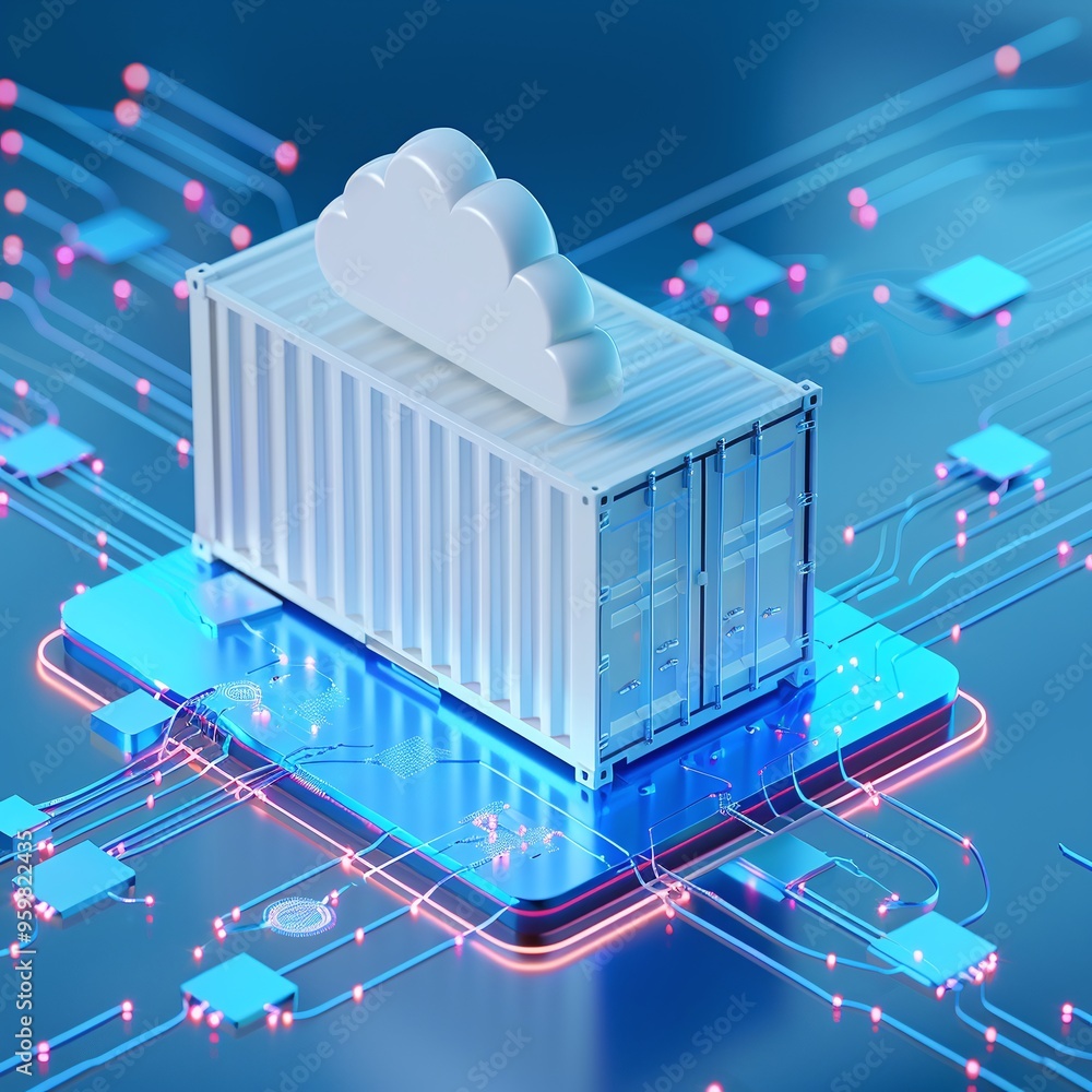 Poster digital illustration of a cloud container on a circuit board representing cloud computing, data stor
