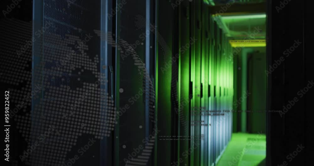 Poster data processing animation over servers in green-lit data center