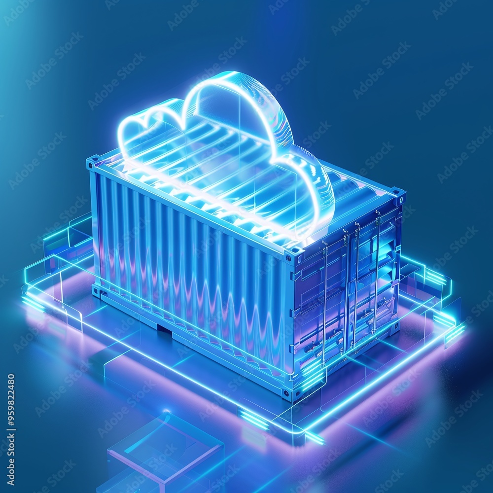 Poster digital illustration of a neon-lit shipping container combined with cloud computing symbol against a