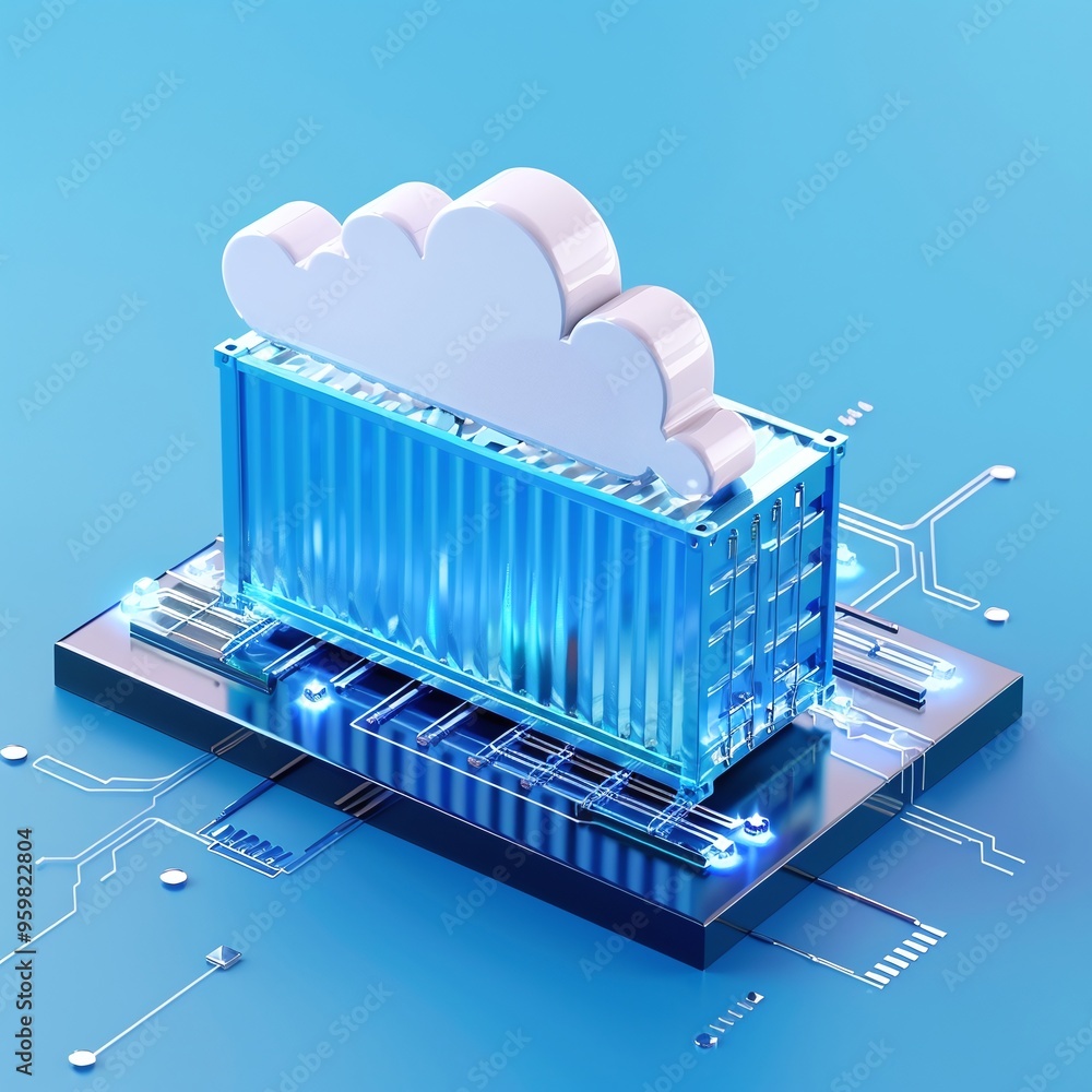 Poster digital illustration of cloud computing technology. a glowing cloud icon over a microchip circuit re