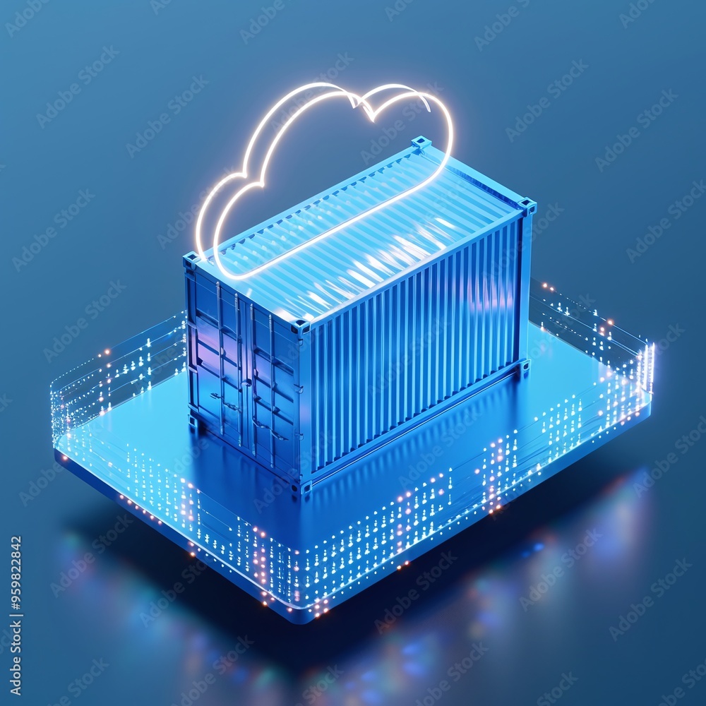 Poster digital illustration of cloud computing with a container on a futuristic platform, representing data