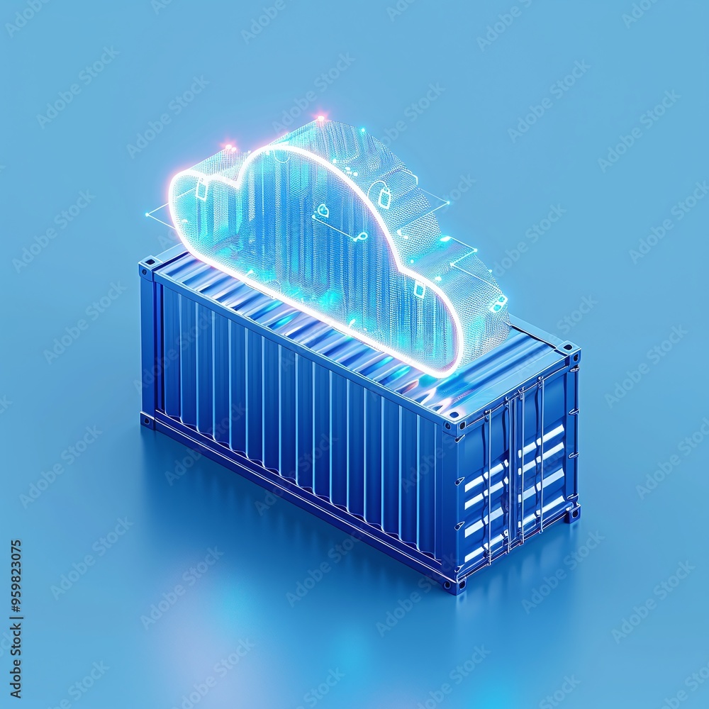 Poster digital visualization of cloud storage on a container. blue background with neon cloud technology. f