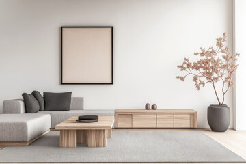 Minimalist living room interiors in neutral tones with natural lighting and elegant decor. Luxury interior design composition