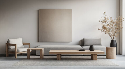 Fototapeta premium Minimalist living room interiors in neutral tones with natural lighting and elegant decor. Luxury interior design composition