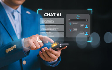 Ai digital chatbot for provide access to information and data in online network. Robot chat application and business global connection on mobile. AI, Artificial intelligence, innovation and technology