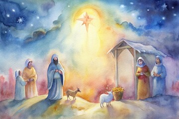 Nativity scene illustration with warm colors and serene atmosphere
