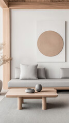 Minimalist living room interiors in neutral tones with natural lighting and elegant decor. Luxury interior design composition