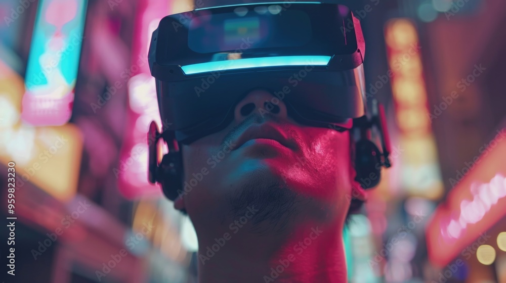 Poster man exploring digital technology with a vr headset.