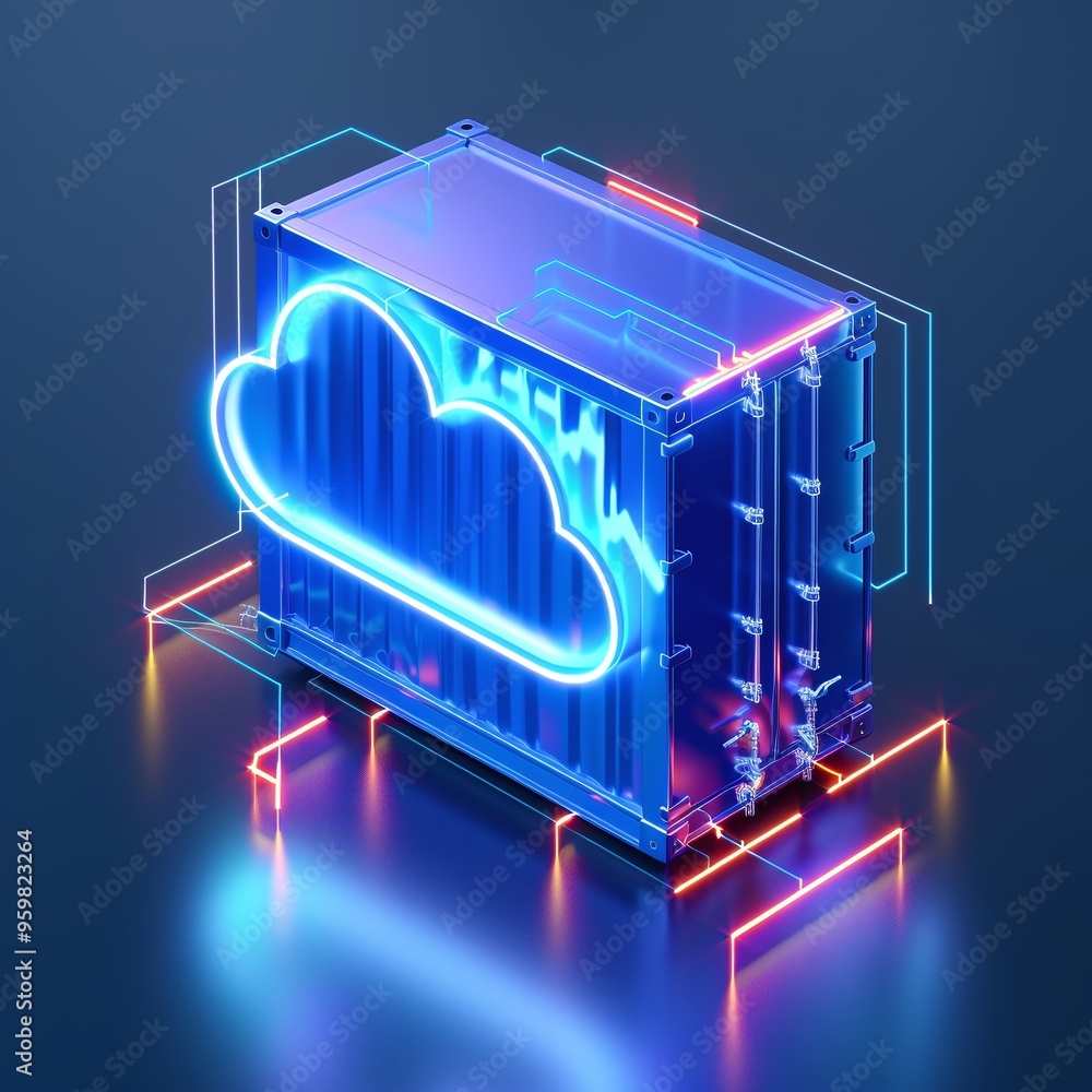 Poster futuristic 3d rendering of cloud computing technology with a glowing neon container, representing mo