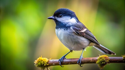 A tiny black-and-white bird sits serenely on a slender branch, its feathers glistening in soft light, background a