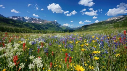 Fototapeta premium Panoramic view of mountains, lush meadows, and clear blue sky with wildflowers swaying in a gentle breeze.