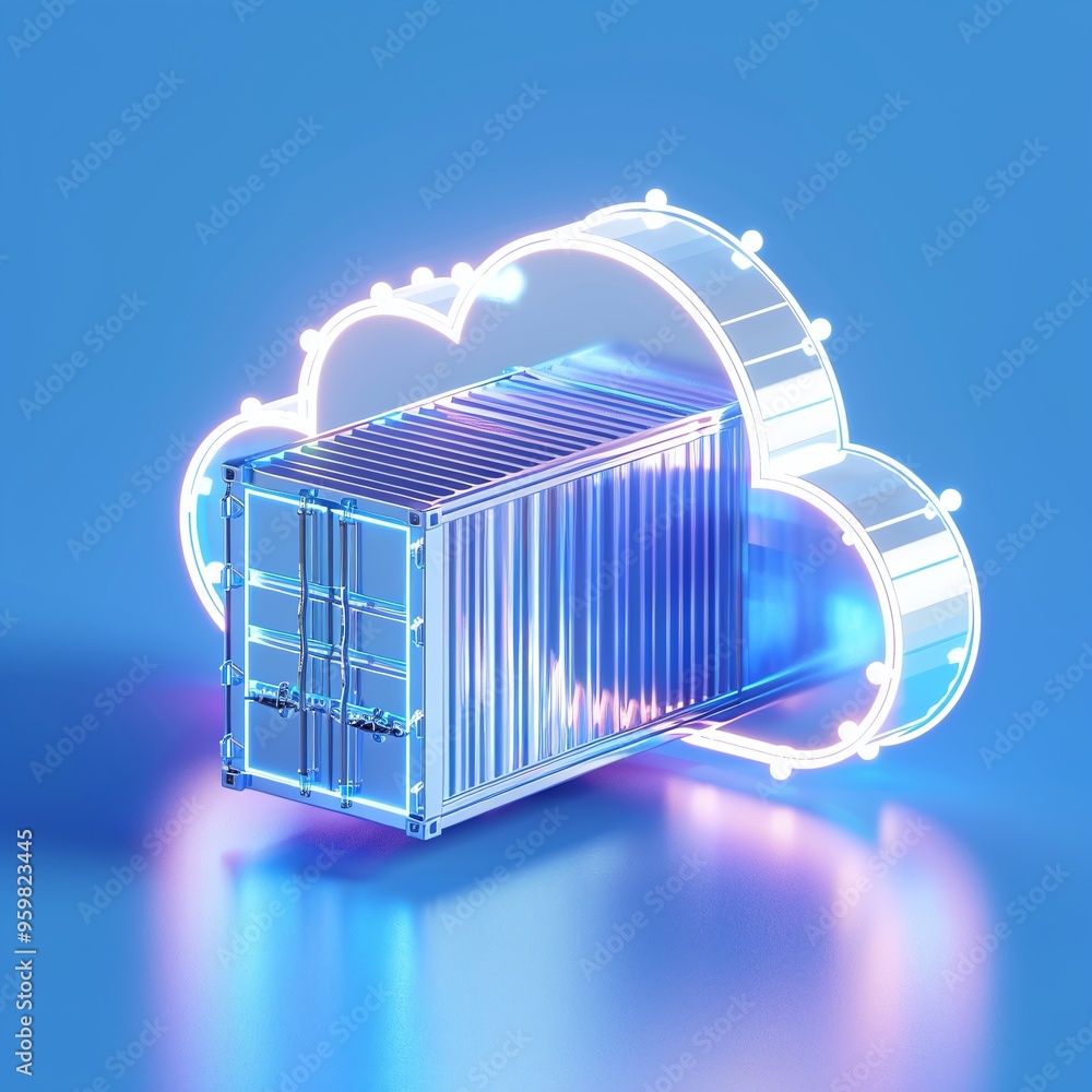 Poster futuristic cloud computing concept with a metallic container inside a glowing cloud shape on a vibra