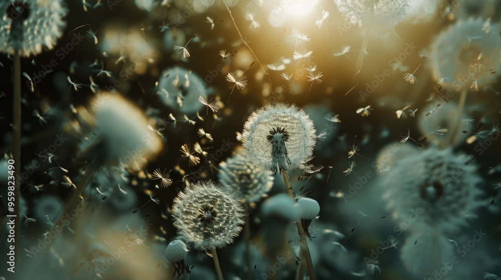 Poster abstract dandelion seeds creating a bokeh pattern in nature.