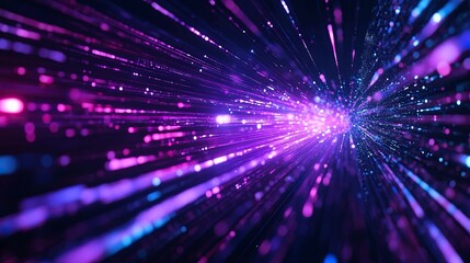 Fototapeta premium Purple neon light streaks radiating from the center on a dark background, evoking themes of technology, big data, and bots. generative ai