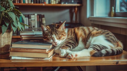  cat sleeping by books on desk