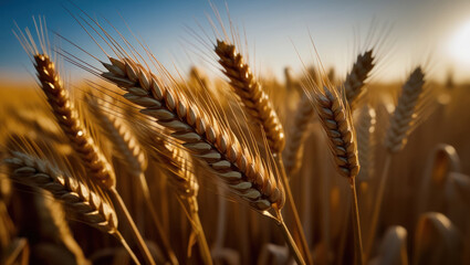 A close-up of an ear of wheat, against a background of sunlight, highlighting the details of the grains and texture, symbolizing the richness of nature