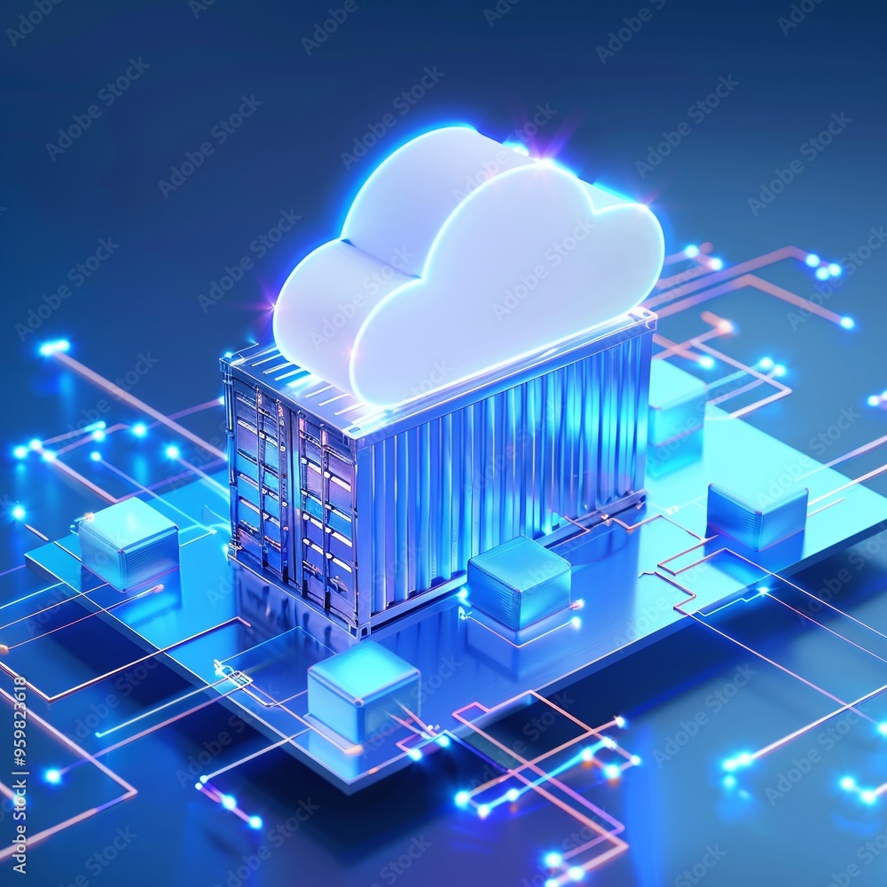 Poster futuristic cloud computing concept with glowing data center and network connections, representing di