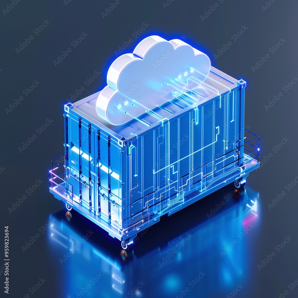 Poster futuristic cloud computing container concept with digital technology elements and glowing blue light