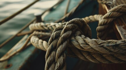 Fototapeta premium Close-up of intertwined, weathered rope on a boat, creating a rugged and maritime feel with a soft-focus background of water.