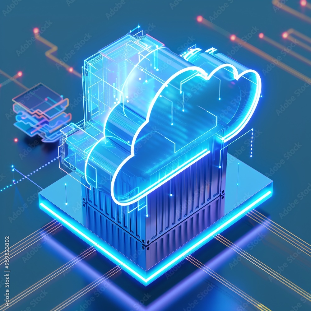 Poster futuristic cloud computing technology concept, showcasing digital data storage and virtual infrastru