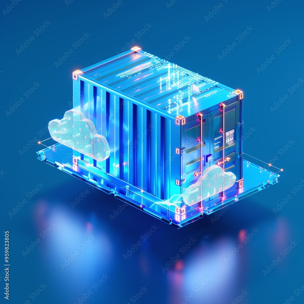 Poster futuristic cloud computing container concept with glowing digital elements on a blue background, sym