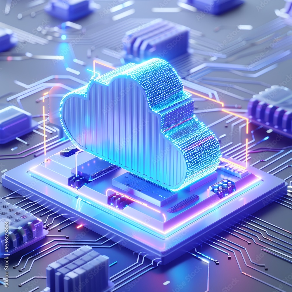 Poster futuristic cloud computing technology concept with glowing neon light and circuit board integration.