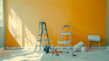 Fototapeta premium Ladders and painting equipment are set against a bright orange wall, indicative of an ongoing renovation project alive with color and potential.